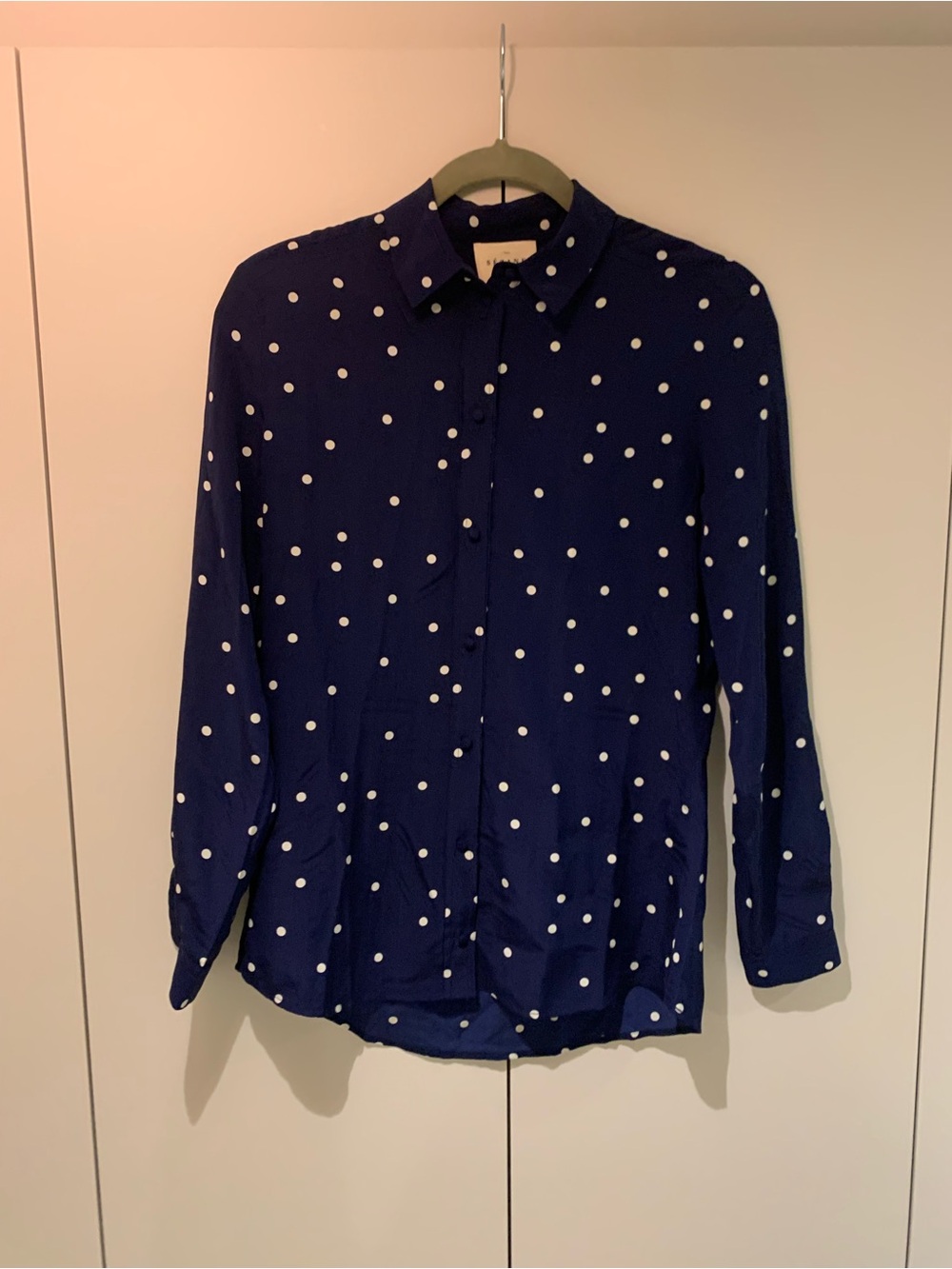 Sezane Ann Silk Button Up Shirt Blouse Navy Blue